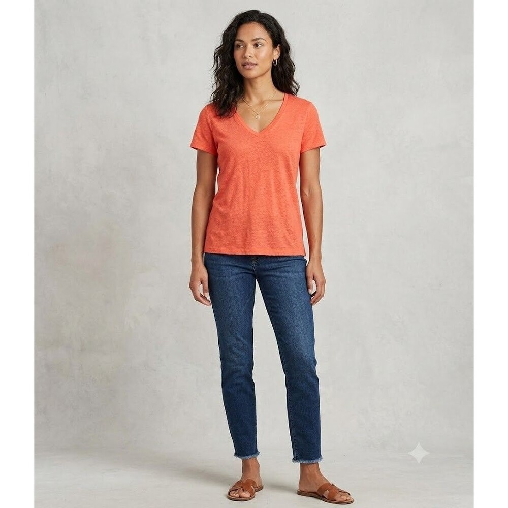 Vineyard Vines Womens Coral 100% Linen V-Neck Short Sleeve T-Shirt Size S Casual